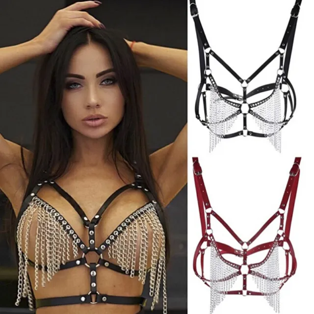 Women Leather Body Chest Harness Cage Bra Chain Belt Gothic Costume Black ZB WI