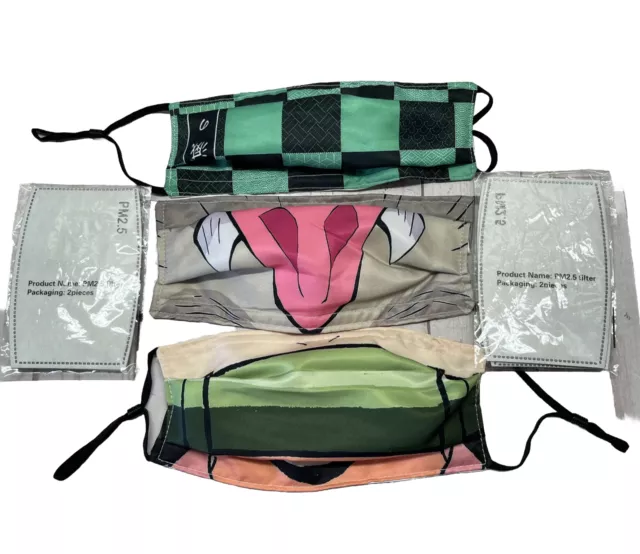 Lot Of 3 Demon Slayer Face Masks Anime Manga One Size Adjustable W Filters