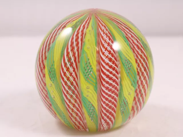 Vintage Candy Stripe LATTICINO Art Glass Paperweight, 3” Round