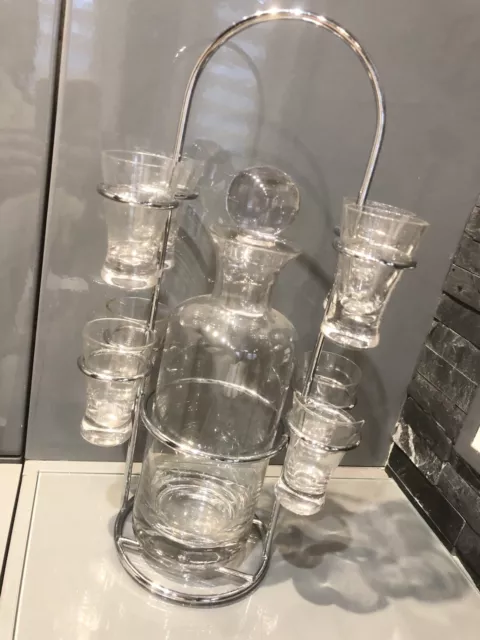 Service à liqueur ancien 6 verres + carafe sur socle en métal