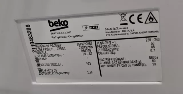 réfrigérateur congélateur BEKO état neuf 3