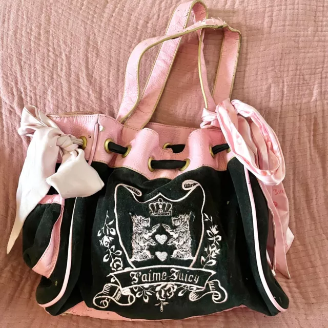 Juicy Couture Pet Dog Carrier Crown Pink Velour Leather Tote Travel Bling