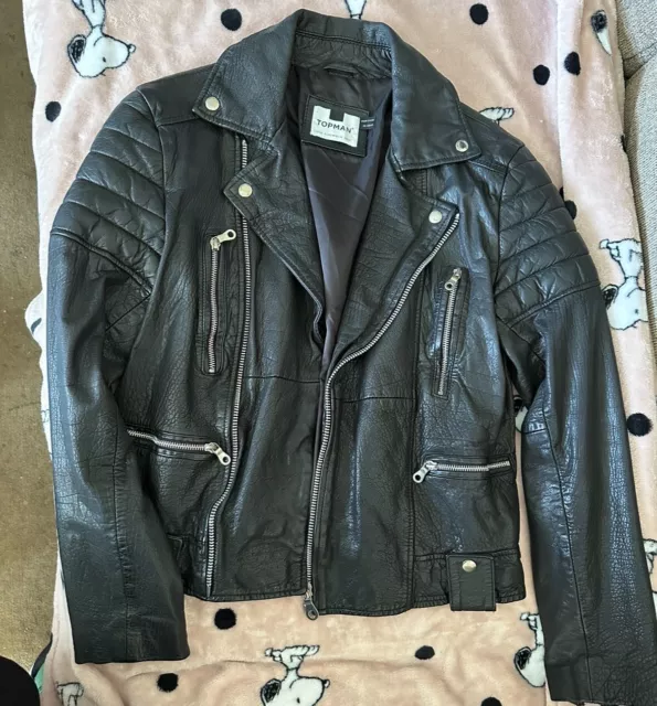 TOPMAN, Black Leather Biker Jacket Size XS, Made In India, Pre-owned