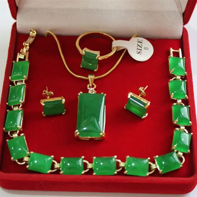 18K Gold Plated Women Jade Pendant Necklace Bracelet Earring Ring Jewelry Sets