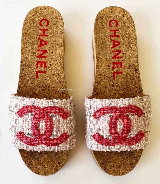 NEW 20P CHANEL Red Pink Tweed Cc Logo Slides Flats Mules 41