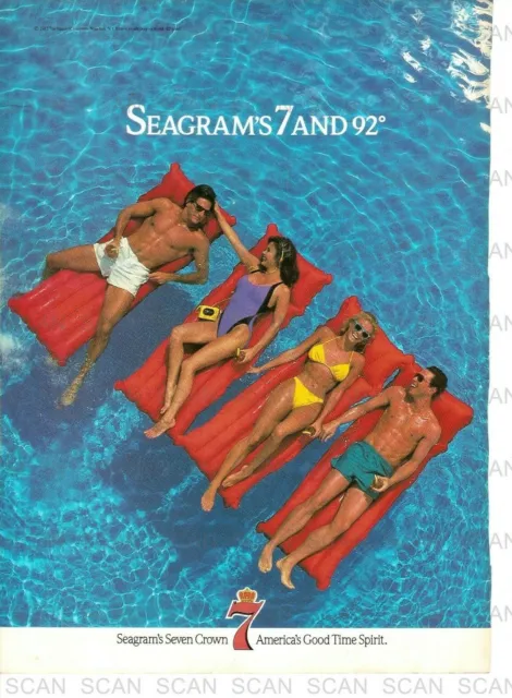 1989 Seagram's Seven Vintage Magazine Ad   Swimsuit Couples on Rafts in Pool