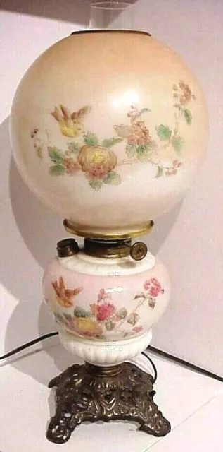 Antique Victorian 1880 Gwtw Hand Painted Birds Electrified Climax Table Lamp