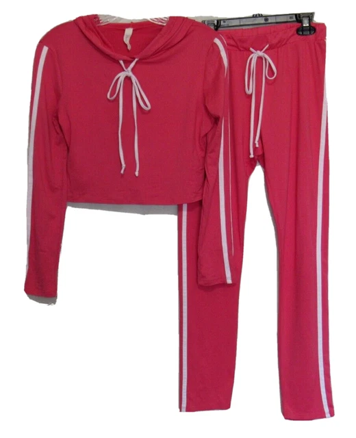 Hello Miss Women's Small Salmon Pink Hoodie Crop Top Pull On Pants 2-Piece Set