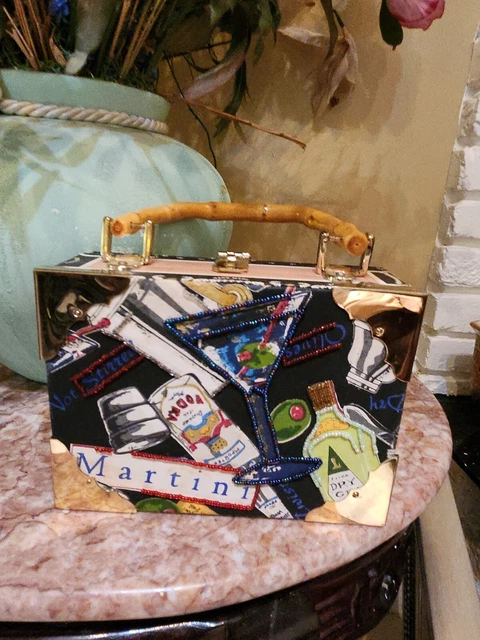 Romeo Roma CIGAR BOX PURSE w/Beaded Martini Themed Fabric, Bamboo Handle Romeo Roma CIGAR BOX PURSE w/Beaded Martini Themed Fabric, Bamboo Handle