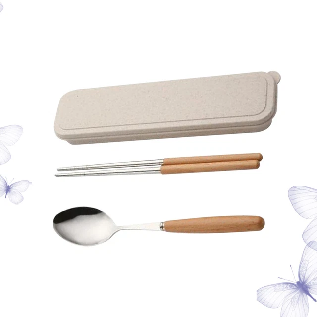 Juego de 2 utensilios horquilla bambú palillos de acero inoxidable para estudiantes