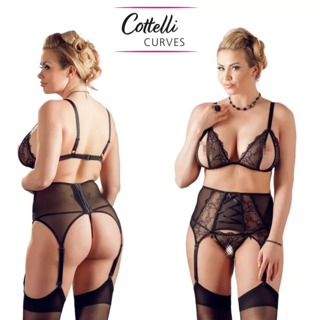 Cottelli Collection Curves Suspender Set Completino Intimo di Pizzo Nero Donna