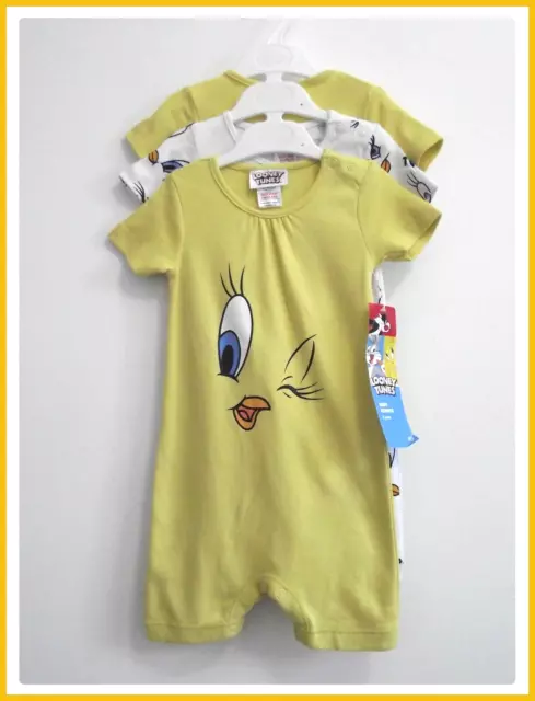 Baby Looney Tunes Rompers 3 Pack Tweety Pie Character All In Ones 6-9 Months NEW