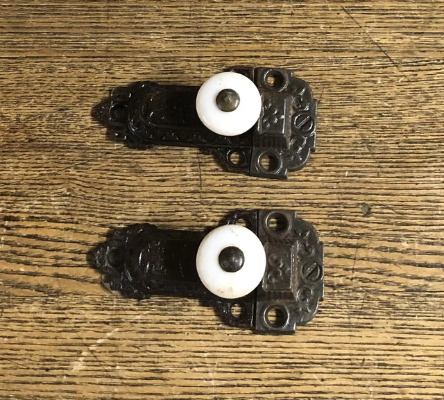 Pair Large Antique Ornate Cast Iron Cupboard Latches Porcelain Knobs, c1870