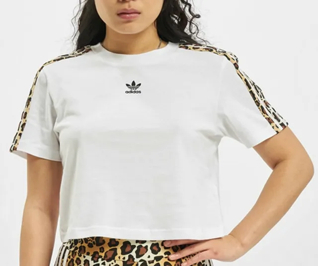 Adidas Originals Leopard Print White Cropped Top 3 Stripes Tshirt Uk 16,18 New