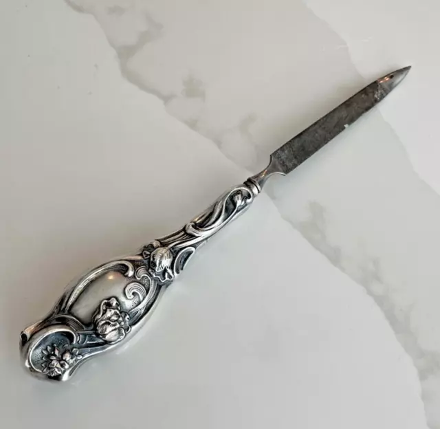 Antique Sterling Silver Handle Vanity Nail File, Art Nouveau Repousse Florals