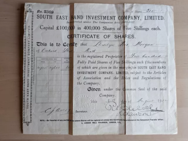 Antique 1922 South East Rand Investment Company Ltd Shares Certificate 500 Share Antique 1922 South East Rand Investment Company Ltd Shares Certificate 500 Share