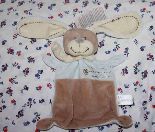 Doudou Nicotoy Lapin Plat Beige Marron  Bleu Echarpe Croix Neuf Avec Etiquette