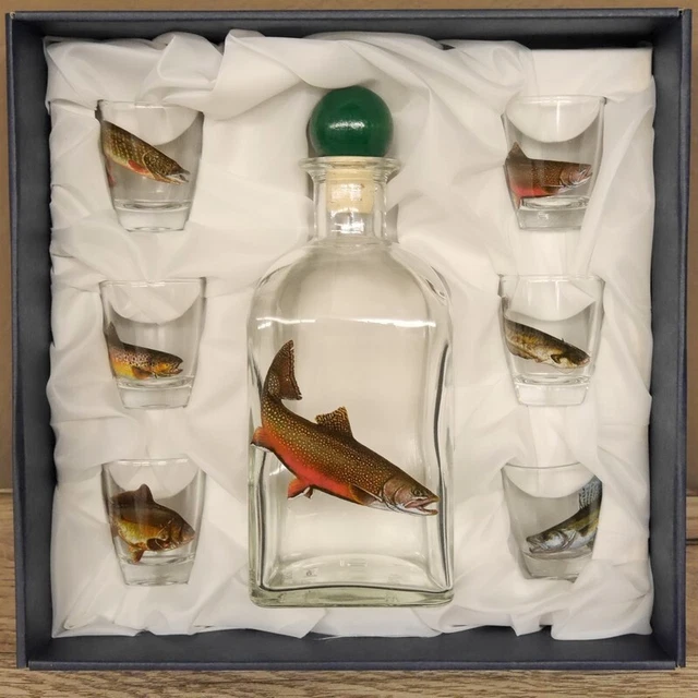 7-teiliges Aguardiente Vasos Juego Con Pescado Motivo + Garrafe Salmón Regalo