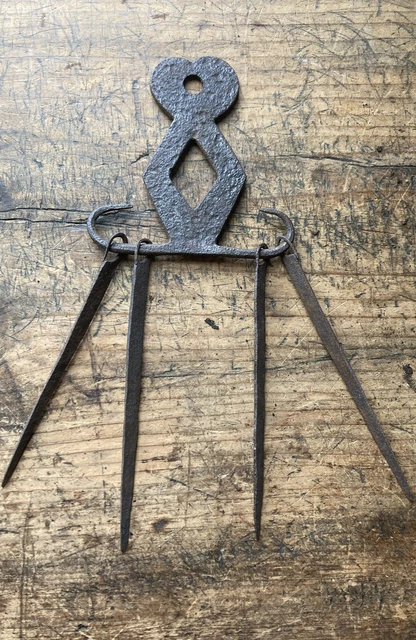 HEART! Antique 18TH C Wrought Iron Fireplace Hearth Meat 4 Skewer & Hanger Set