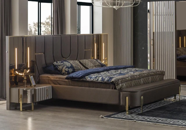 Lit Double Ensemble Chambre à Coucher Luxe Lit Moderne Braun 3tlg Design