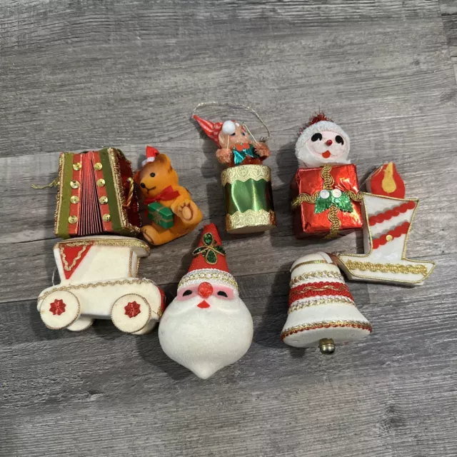 LOT 8 Vintage Flocked Felt Santa Bear  Christmas Ornament Set