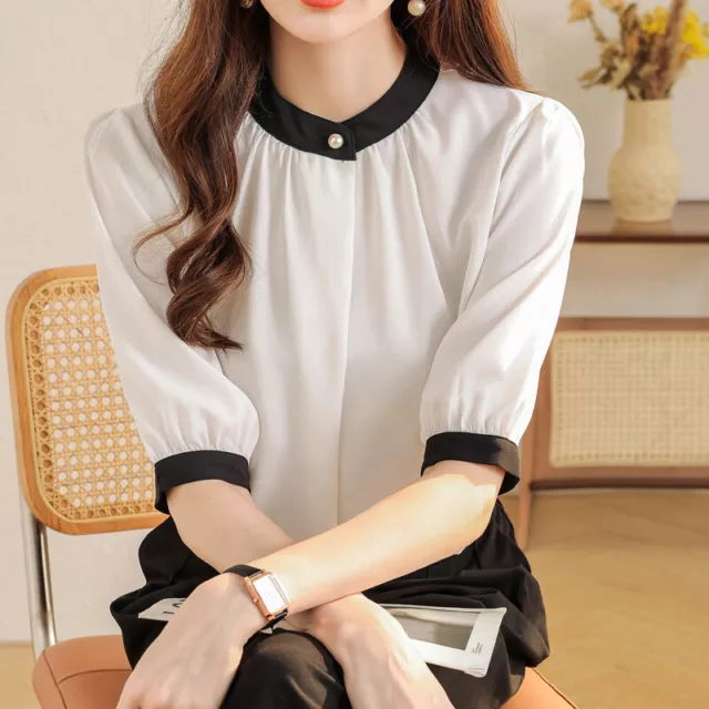 Womens Tops Korean Fashion Stand Collar Pearl Button Short Sleeves Shirt Summer