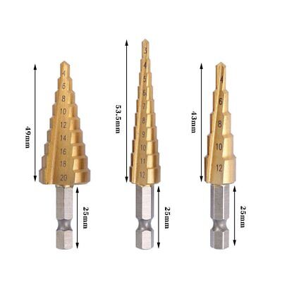 HSS Spiral Grooved Cone Step Drill Bit Set Hex Titanium Coated Hole Cutter 3Pcs