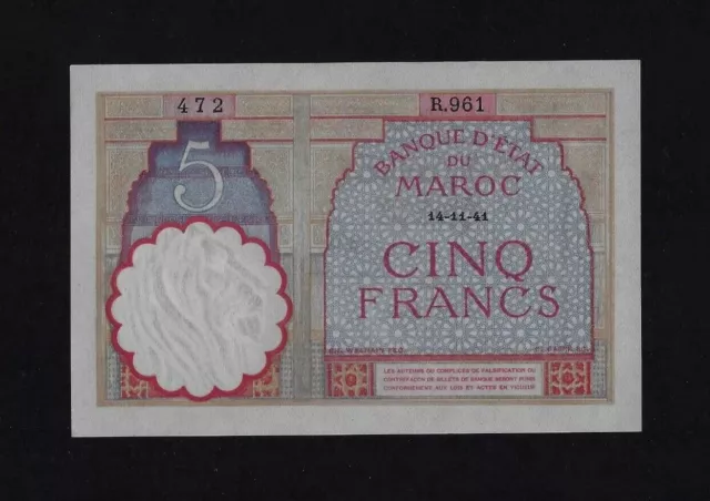 MOROCCO Maroc 5 FRANCS 1941 P-23Ab UNC  RARE