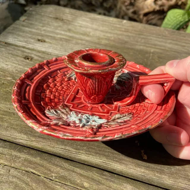 Antique Victorian Majolica Candle Holder Chamberstick Plate Tray Pottery Handled