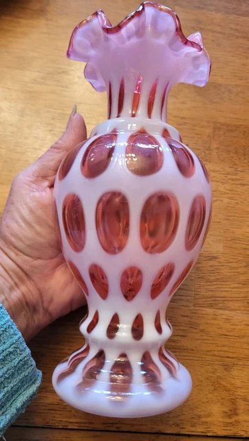 FENTON CRANBERRY VASE Coin Dot Vintage Ruffle Top Crimped No