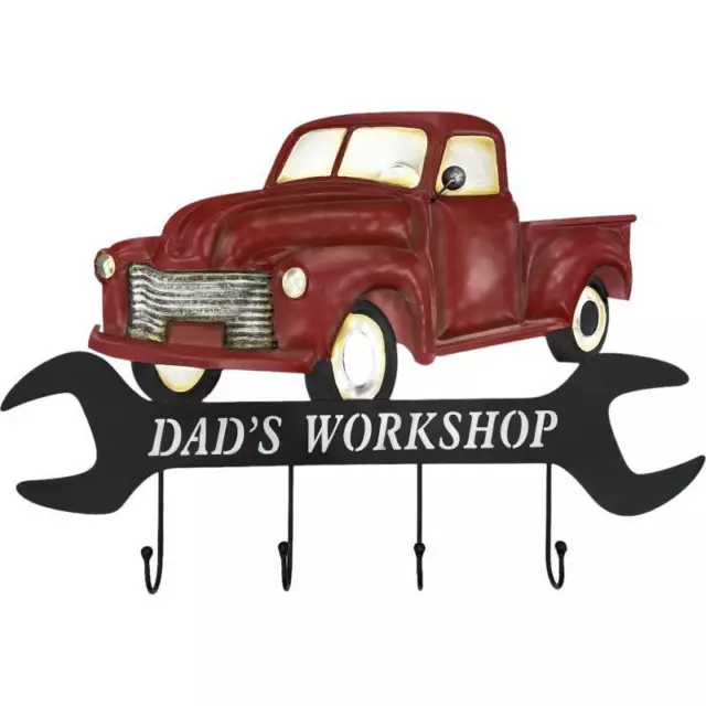 Old Farm Truck and Wrench 4 Hook Metal Wall Hanger "Dads Workshop"