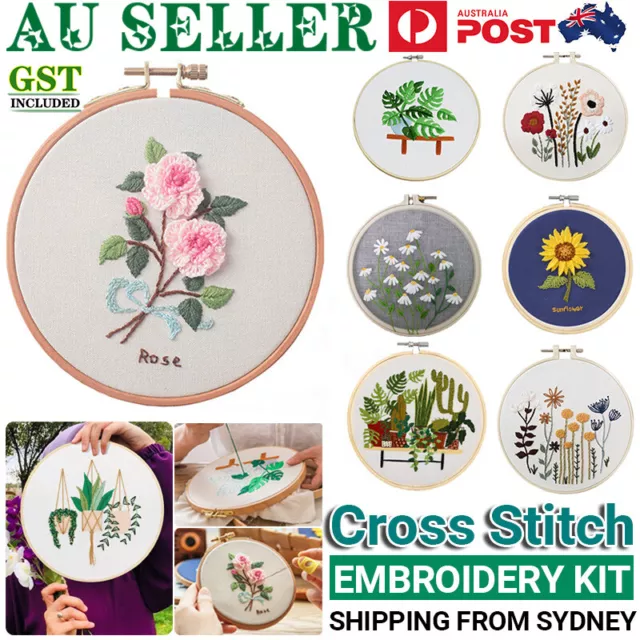 DIY Flowers Pattern Embroidery Kits Craft Beginner Needlepoint Hoop Cross Stitch