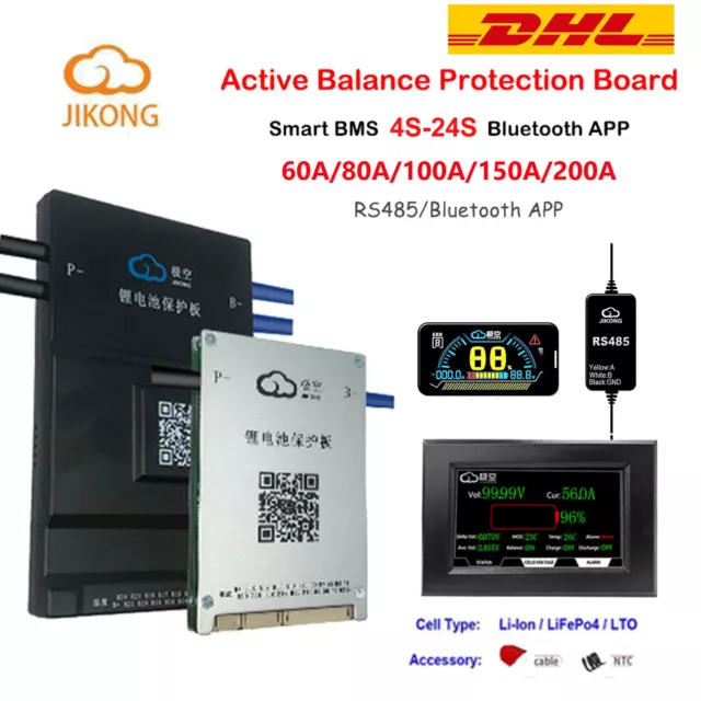 JK 4S-24S 60A-200A LiFePo4 Li-ion Smart BMS with Active Balancer BT/RS485/LCD