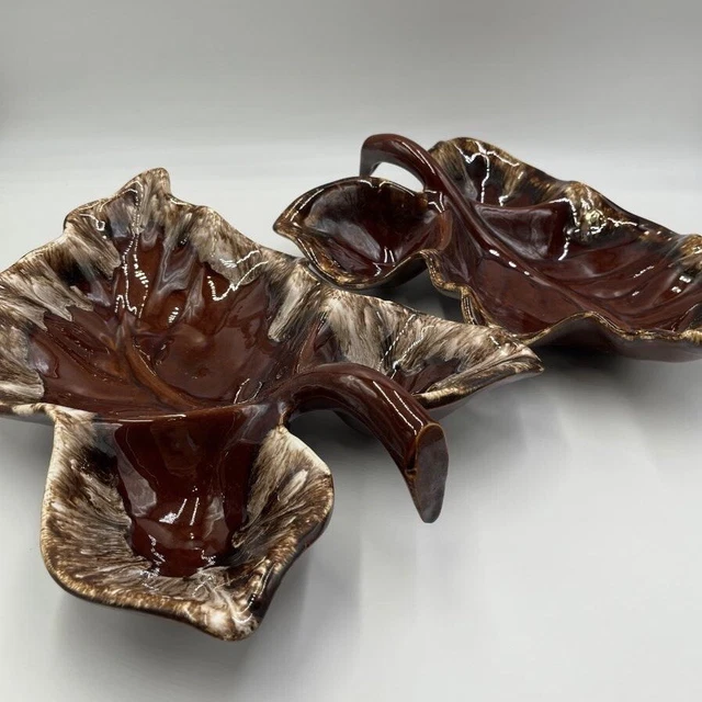 PAIR Vintage Hull Pottery Brown Drip Large Maple Leaf Divided Dishes Oven Proof