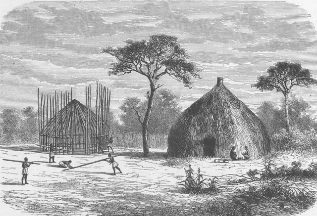 CENTRAL AFRICA. Hut-building in a village of Uhiya, Central Africa 1891 print