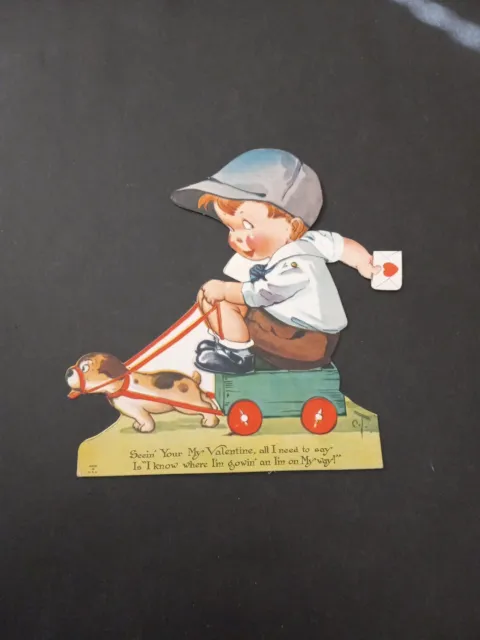 C. 1930s Vintage Mechanical VALENTINE~C. Twelvetrees~ Boy & Wagon