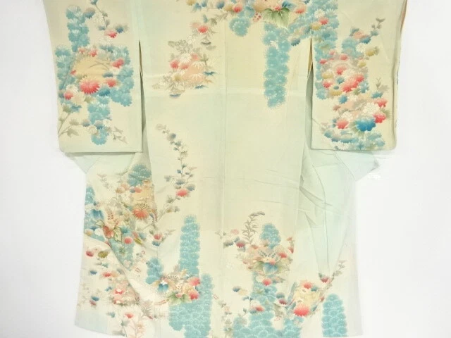 40485# Japanese Kimono / Antique Kimono / Embroidery / Floral Plants