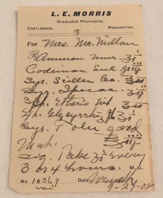 Antique Rx Prescription Form Codeine 1902 Paper Ephemera Castle Rock WA Pharmacy