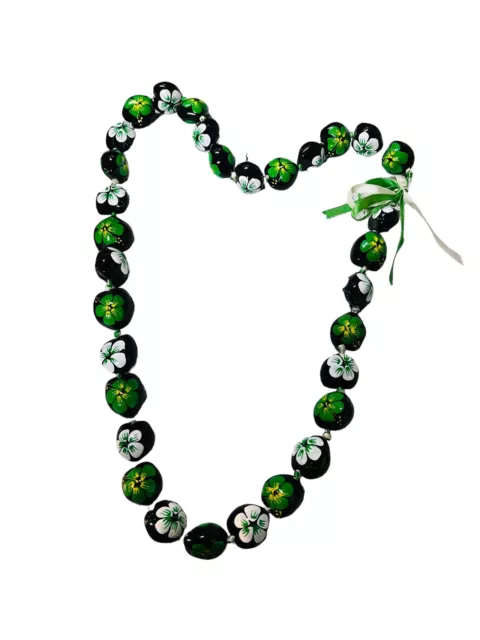 Hawaiian Black Kukui Nut Lei or Necklace With Hand-Painted Green Hibiscus Flower