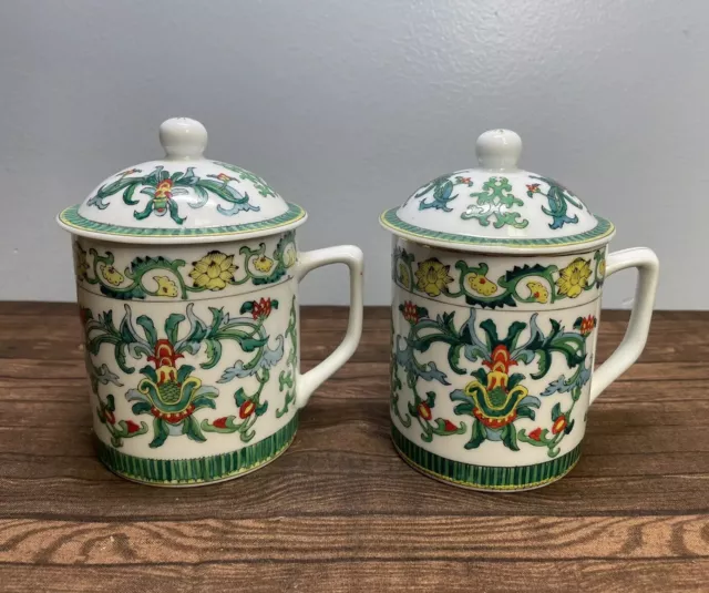Chinese Hand Painted Porcelain Tea Coffee Cup Mug with Lid Green Yellow Blue Red