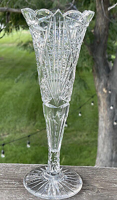 Vintage Crystal American Brilliant Cut Glass Trumpet Vase 12”
