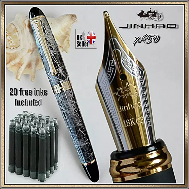 Jinhao X450 Marble Grey Fountain Pen + 20 FREE BLACK INKS & Velvet pen pouch UK