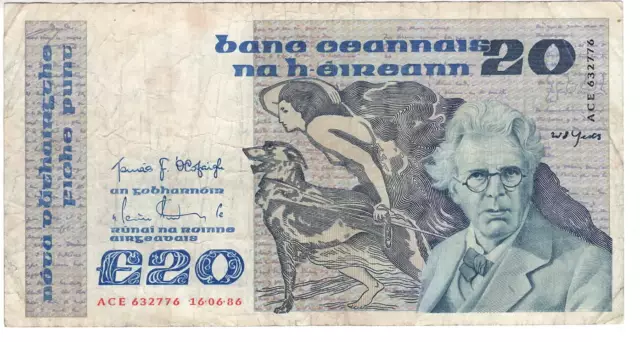 Republic of IRELAND ÉIRE £20 Pounds / Punt VF Banknote (1986) P-73b Prefix ACE