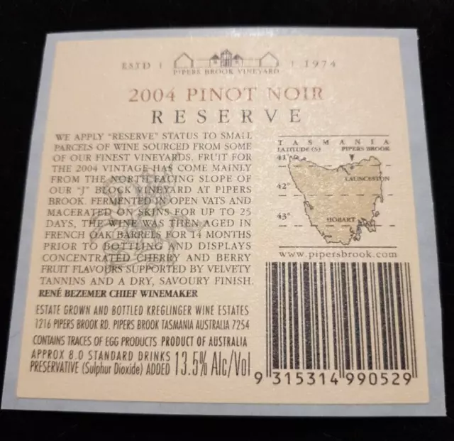 Pipers Brook Vineyard: 2004 Pinot Noir Reserve Back Wine Label