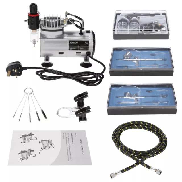 Professional 3 Airbrush Kit with Air Compressor Dual-Action Hobby Spray UK Plug
