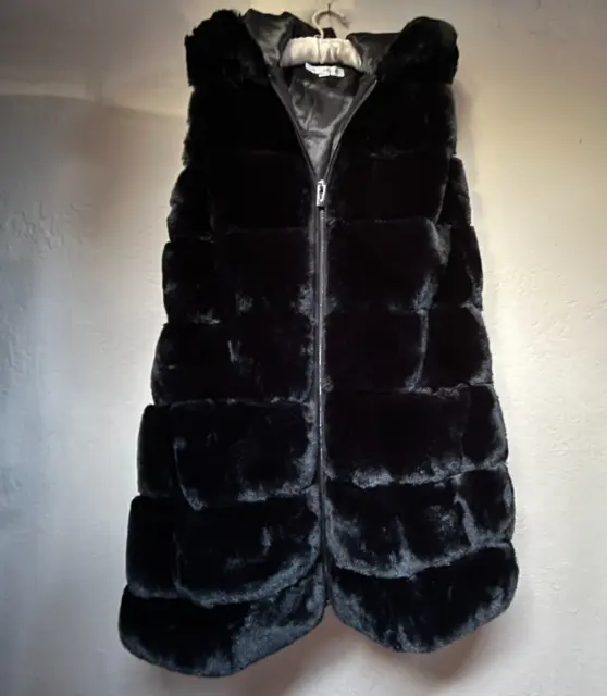 VIA SPIGA Women's Grooved Hooded Faux-Fur Vest Waistcoat Black Size Medium