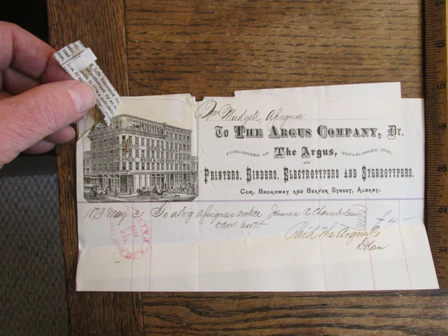 Antique Ephemera Document Billhead & Legal Notice 1879 Albany NY Argus Printers