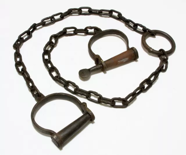 Antique Reproduction Working Iron Prisoner Leg Transfer Shackles & Key 46 Inches