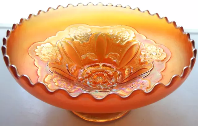 Dugan Glass Iridized Marigold Carnival Double Stem Rose 7 3/4" Footed Bowl