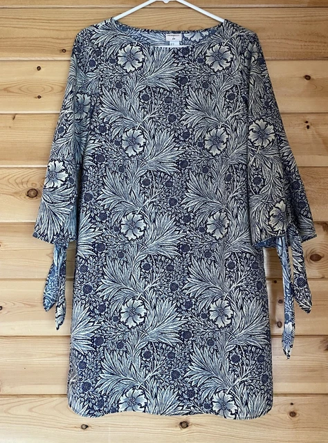 Morris Co x HM Womens Size 4 Blue Floral Print Shift Dress 3/4 Tie Sleeve